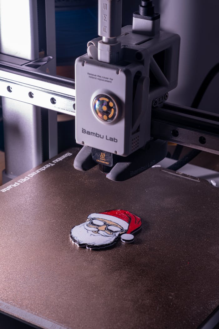 Close-up of a 3D printer producing a Santa Claus ornament. Suitable for holiday and technology themes.